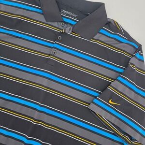 NIKE GOLF DRI FIT POLO MENS 2XL XXL BLUE BLACK YELLOW STRIPED PERFORMANCE SWOOSH